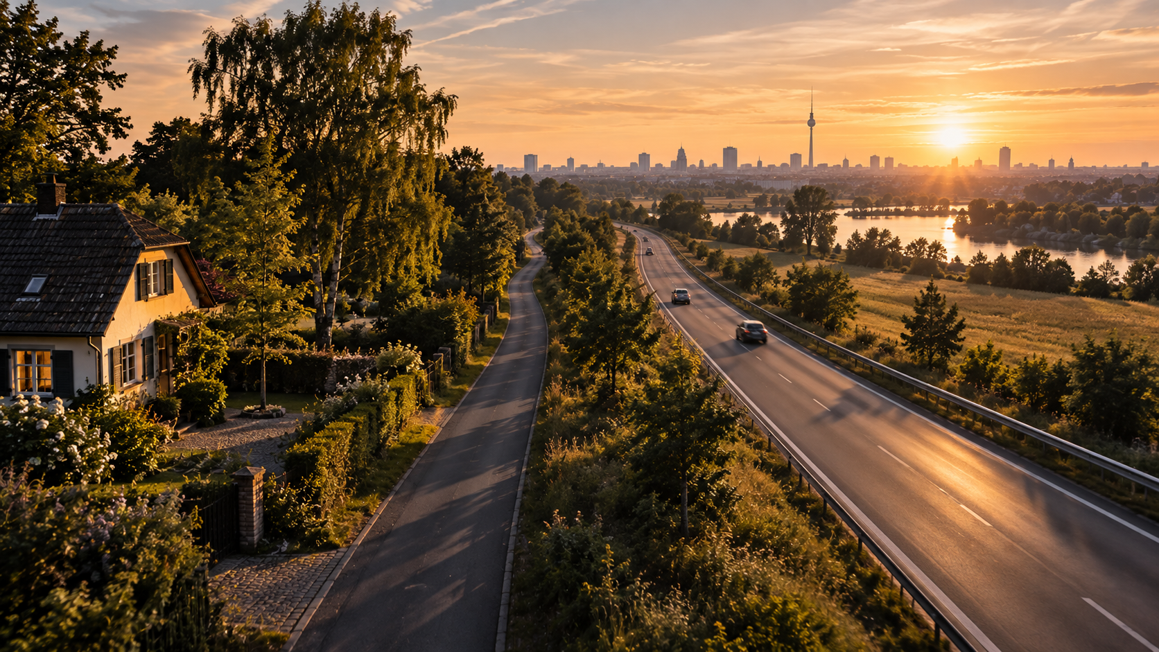 Zwei parallele Wege in Richtung Berlin bei Sonnenuntergang
