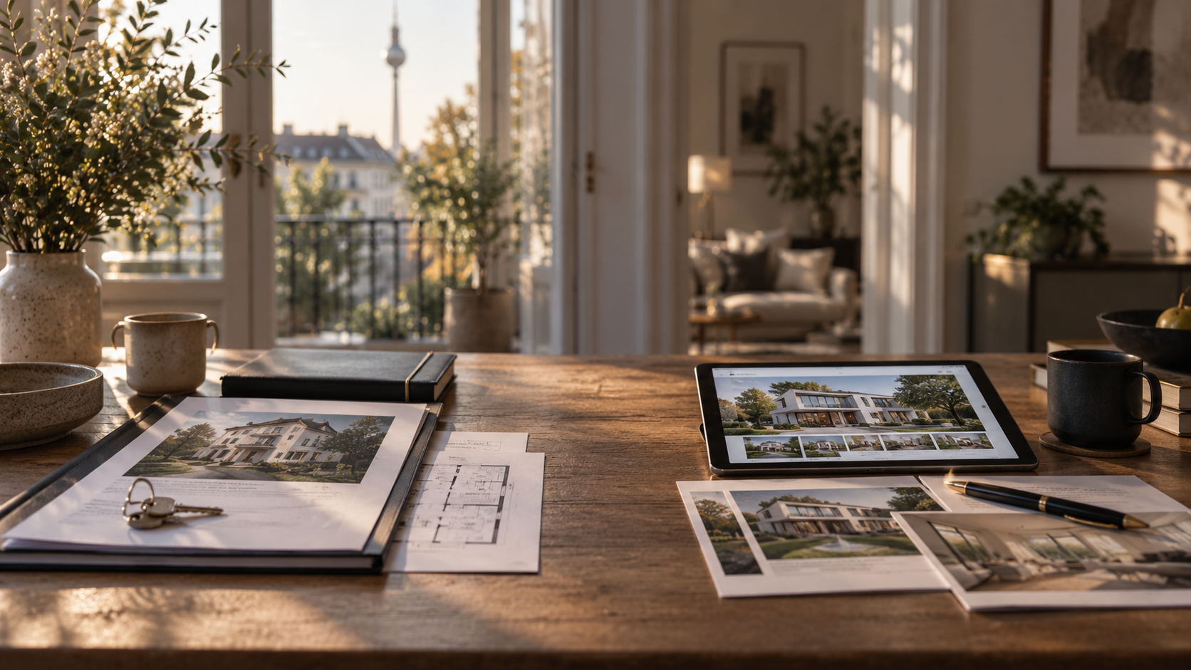 Immobilienunterlagen, Schlüssel und Tablet auf einem Tisch mit Blick über Berlin